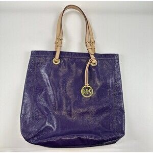 Michael Kors Purple Patent Leather Tote Purse Double Straps Snap Medium Shoulder